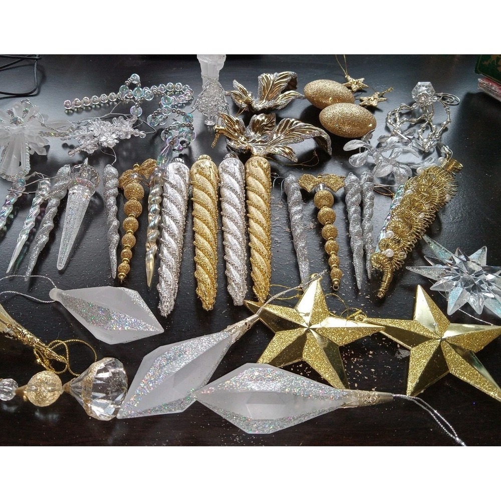 Set of 38 Gold & Silver Glitter Christmas Ornaments – Stars Icicles Drops Beads